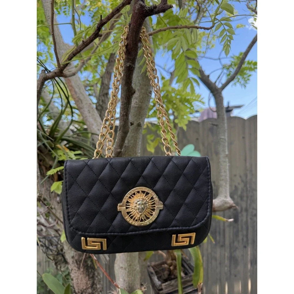 Black Quilted Chain Shoulder Bag Gold Sun Medallion Paris New York Tokyo Rome